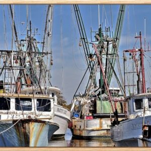 Fishing boats docked at a harbor under a clear sky.